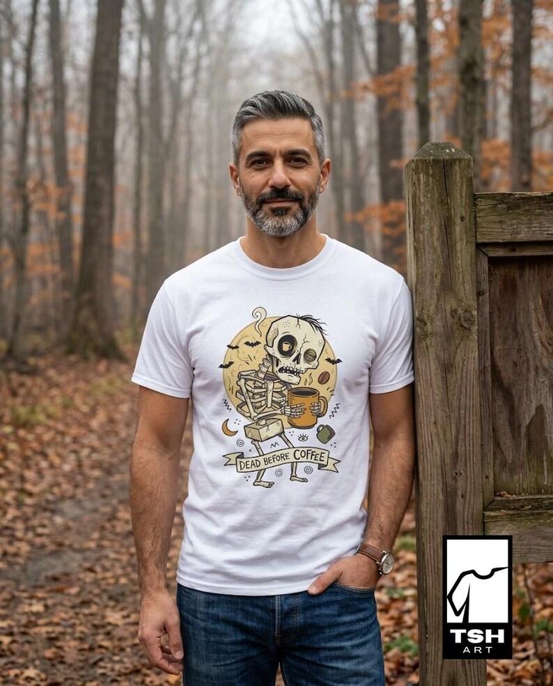 Dead Before Coffee Shirt | Skeleton Coffee T Shirt | Funny Coffee Lover Tee | Caffeine Skull Graphic Tee | Retro Coffee Tee | Unisex Gift