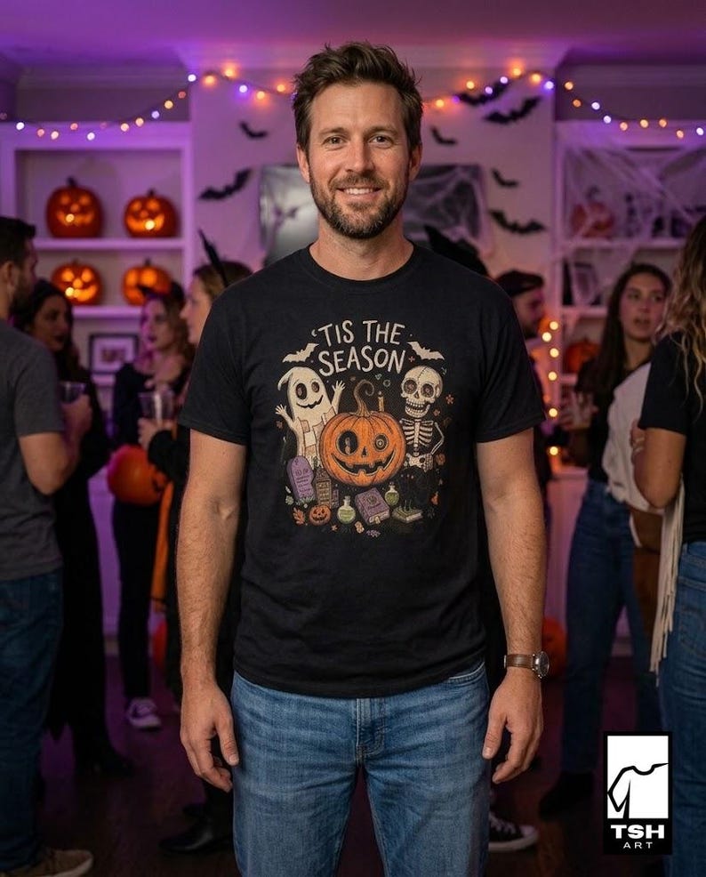 Tis The Season Halloween Shirt | Spooky Ghost T Shirt | Cute Pumpkin Graphic Tee | Retro Horror Fall Top | Gothic Cat Clothes | Unisex Gift
