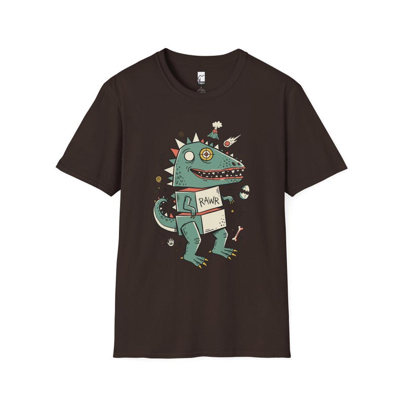 Funny RAWR T-Rex Shirt | Retro Dinosaur Graphic Tee, Kids Unisex Apparel Dark Chocolate