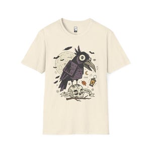 Halloween Raven Skull Shirt | Gothic Crow Graphic Tee | Full Moon T Shirt | Dark Academia Tattoo Flash Top | Spooky Season Fall Gift Tee Natural
