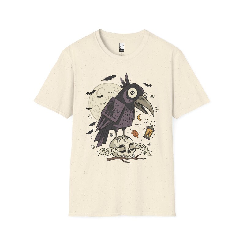 Halloween Raven Skull Shirt | Gothic Crow Graphic Tee | Full Moon T Shirt | Dark Academia Tattoo Flash Top | Spooky Season Fall Gift Tee Natural