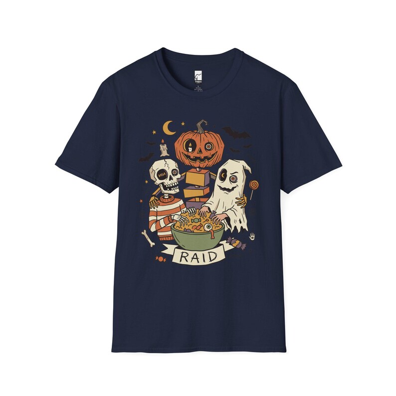 Vintage Halloween Shirt | Skeleton Ghost T Shirt | Spooky Candy Bowl Tee | Pumpkin Trick Or Treat Tee | Retro Spooky Tee | Unisex Gift Navy