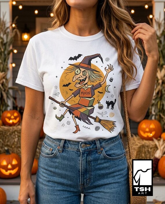 Unisex Witch T-Shirt | Retro Halloween Print | Flying Broomstick Graphic Tee | Vintage Witch T-Shirt