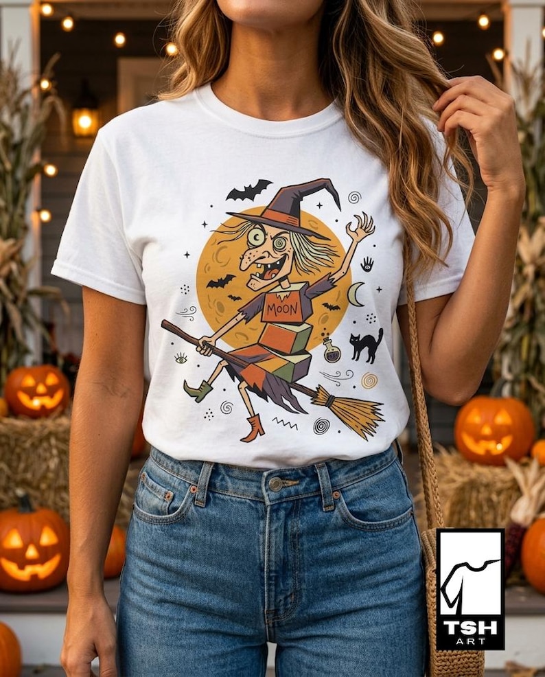 Unisex Witch T-Shirt | Retro Halloween Print | Flying Broomstick Graphic Tee | Vintage Witch T-Shirt