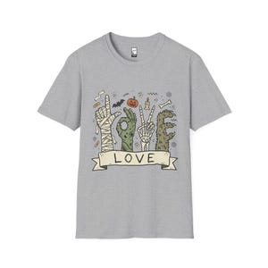 Halloween Love Shirt | Monster Hands T Shirt | Spooky Skeleton Hand Tee | Zombie Mummy Graphic Tee | Cute Creepy Fall Tee | Unisex Gift Sport Grey