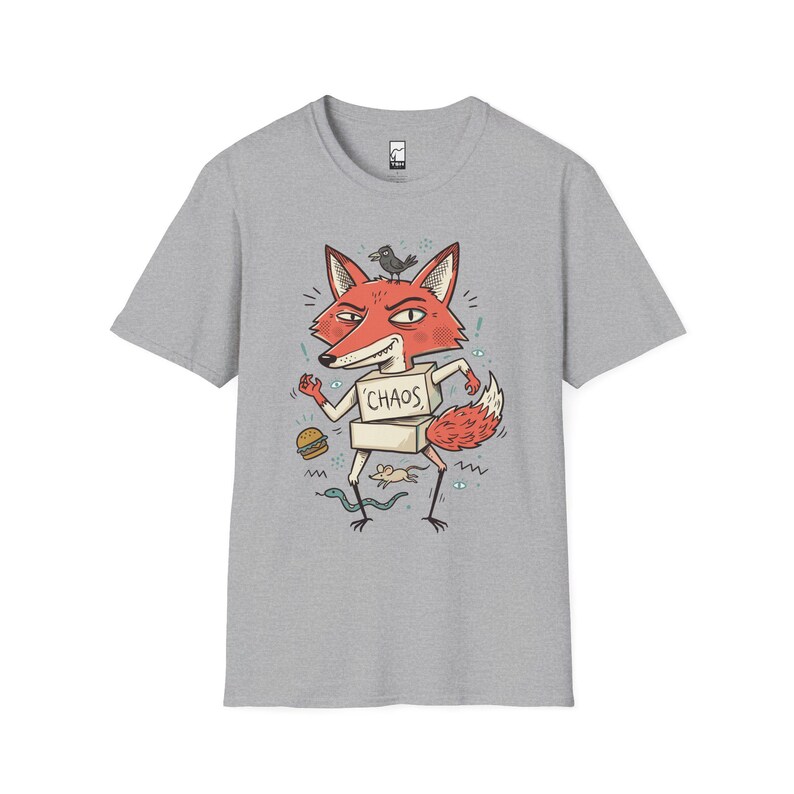 Chaos Fox T-Shirt | Mischievous Fox Illustration, Indie Lowbrow Art Tee Sport Grey