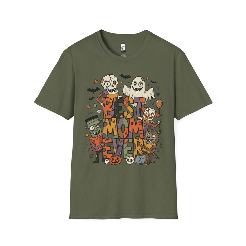 Bästa mamma någonsin Halloween-tröja | Spooky Mama T-shirt | Söt monstergrafik-tröja | Skräckmamma hösttopp | Retro läskiga kläder | Unisex present Military Green