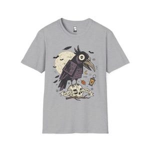 Halloween Raven Skull Shirt | Gothic Crow Graphic Tee | Full Moon T Shirt | Dark Academia Tattoo Flash Top | Spooky Season Fall Gift Tee Sport Grey