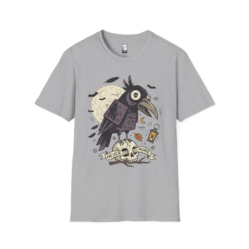 Halloween Raven Skull Shirt | Gothic Crow Graphic Tee | Full Moon T Shirt | Dark Academia Tattoo Flash Top | Spooky Season Fall Gift Tee Sport Grey