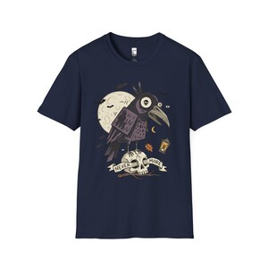 Halloween Raven Skull Shirt | Gothic Crow Graphic Tee | Full Moon T Shirt | Dark Academia Tattoo Flash Top | Spooky Season Fall Gift Tee Navy