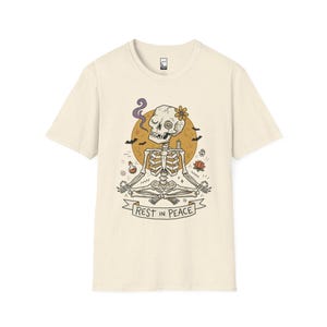 Skeleton Halloween Shirt | Rest In Peace Skull Tee | Full Moon Bat Graphic Tee | Yoga Meditation T Shirt | Vintage Spooky Tee | Unisex Gift Natural