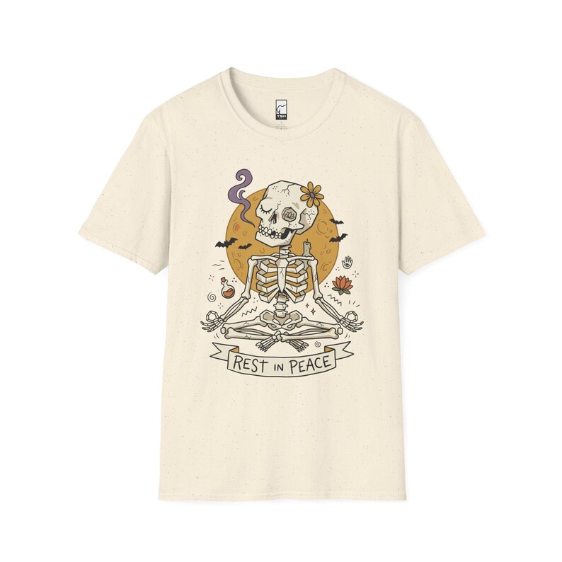 Skeleton Halloween Shirt | Rest In Peace Skull Tee | Full Moon Bat Graphic Tee | Yoga Meditation T Shirt | Vintage Spooky Tee | Unisex Gift Natural