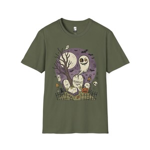Unisex Graveyard T-Shirt | Spooky Halloween Print | Ghost and Full Moon Graphic Tee | Retro Graveyard T-Shirt Military Green