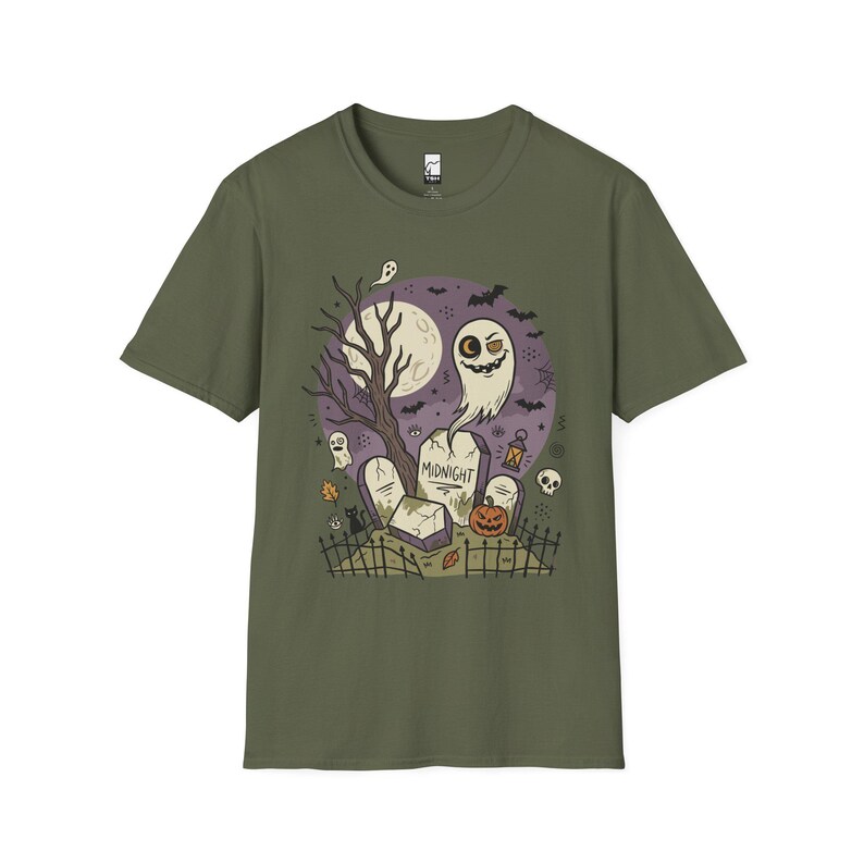 Unisex Graveyard T-Shirt | Spooky Halloween Print | Ghost and Full Moon Graphic Tee | Retro Graveyard T-Shirt Military Green