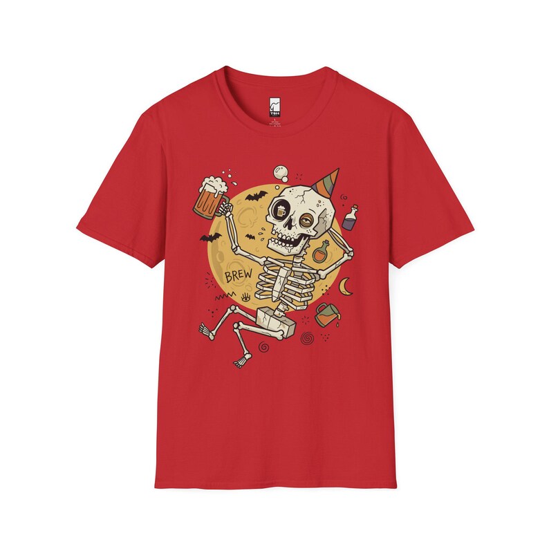 Funny Skeleton Shirt | Beer Drinking Tee | Halloween Party T Shirt | Spooky Humor Graphic Tee | Dancing Skeleton Tee | Unisex Gift Red