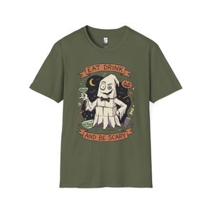 Eat Drink Ghost T-Shirt | Halloween Ghost Cocktail Tee Military Green