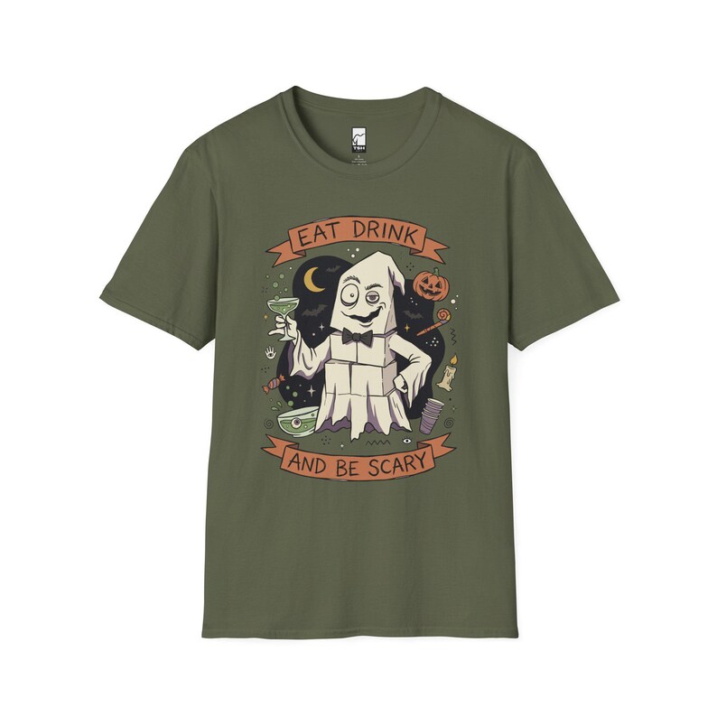Eat Drink Ghost T-Shirt | Halloween Ghost Cocktail Tee Military Green
