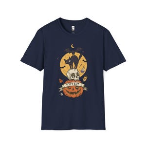 Halloween Black Cat Shirt | Skull Pumpkin Graphic Tee | Gothic Tattoo Flash T Shirt | Spooky Season Cat Lover Gift | Dark Academia Fall Top Navy