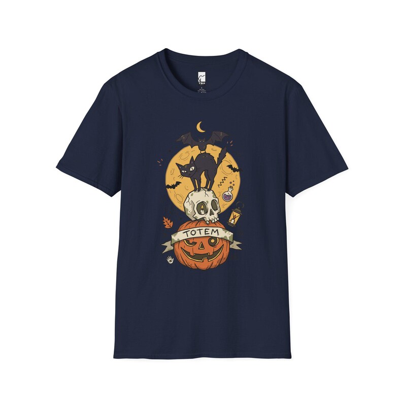 Halloween Black Cat Shirt | Skull Pumpkin Graphic Tee | Gothic Tattoo Flash T Shirt | Spooky Season Cat Lover Gift | Dark Academia Fall Top Navy