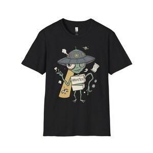 Zabawna koszulka z motywem kosmity | Koszulka z grafiką retro z motywem porwania przez UFO, koszulka z motywem spiskowym science fiction Black