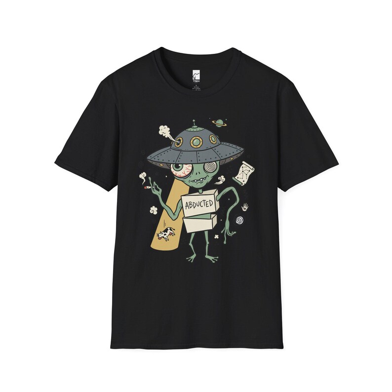 Zabawna koszulka z motywem kosmity | Koszulka z grafiką retro z motywem porwania przez UFO, koszulka z motywem spiskowym science fiction Black