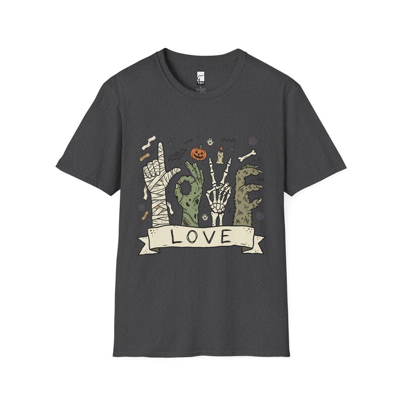 Halloween Love Shirt | Monster Hands T Shirt | Spooky Skeleton Hand Tee | Zombie Mummy Graphic Tee | Cute Creepy Fall Tee | Unisex Gift Dark Heather
