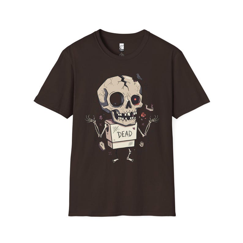 Dode schedel T-shirt | Grappig Halloween-grafisch T-shirt, griezelig schattig goth-uniseks shirt, griezelig horrorliefhebber cadeau Dark Chocolate