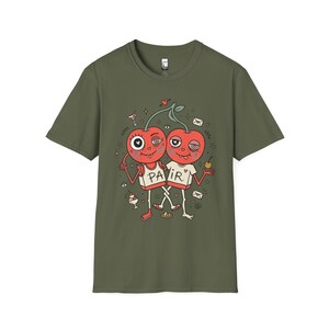 Cherry Pair T-Shirt | Quirky Couple Matching Graphic Tee, Valentine Anniversary Gift Military Green
