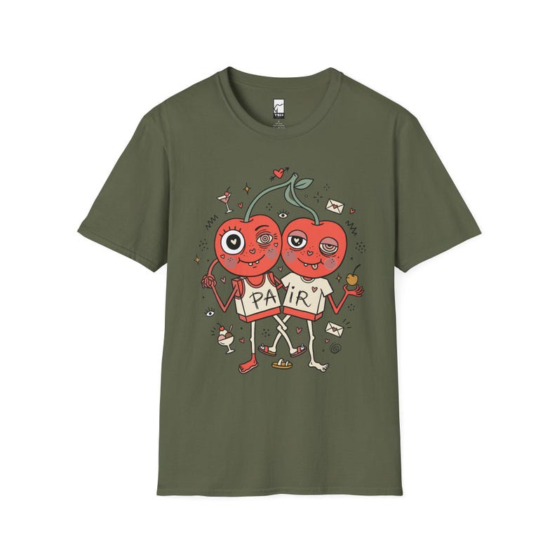 Cherry Pair T-Shirt | Quirky Couple Matching Graphic Tee, Valentine Anniversary Gift Military Green