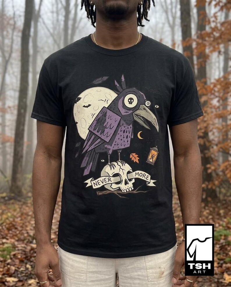 Halloween Raven Skull Shirt | Gothic Crow Graphic Tee | Full Moon T Shirt | Dark Academia Tattoo Flash Top | Spooky Season Fall Gift Tee