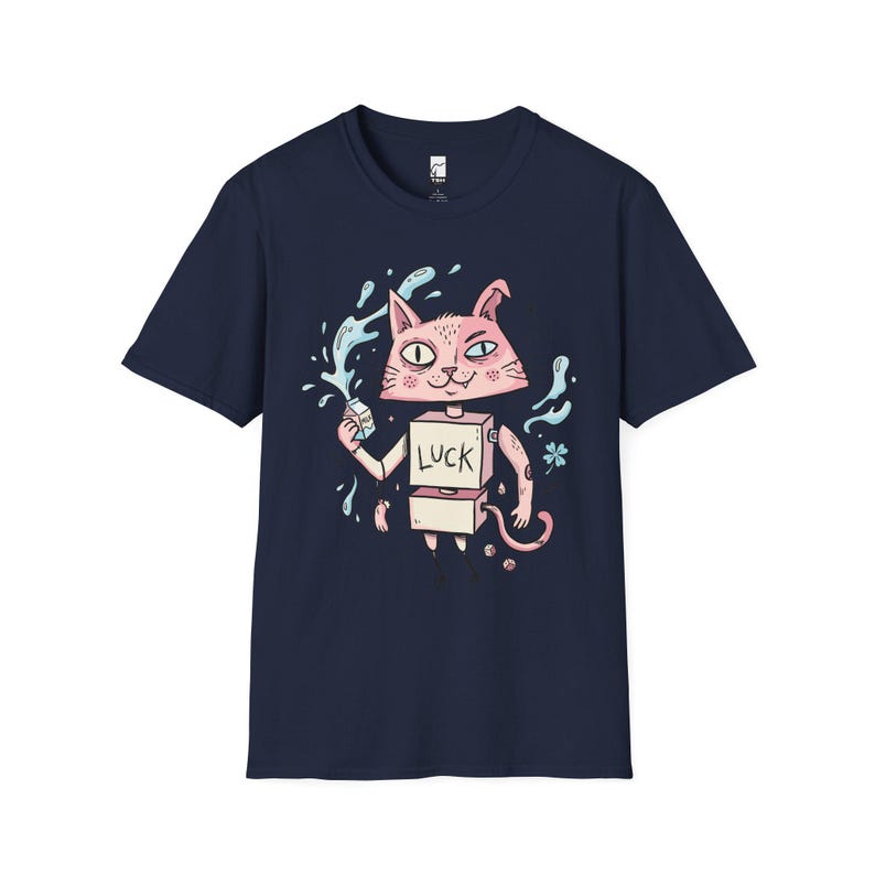 Maglietta con gatto robot surreale / Maglietta grafica con gatto rosa portafortuna, maglietta indie lowbrow art Navy