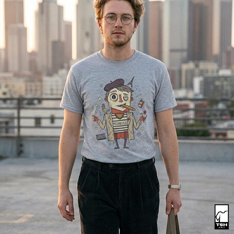 May include: A gray t-shirt featuring a cartoon illustration of a person with a beret, cigar, and the Eiffel Tower. The word "MELANCOLIE" is printed on the shirt. The person is wearing black pants and a watch. The background shows a cityscape.
