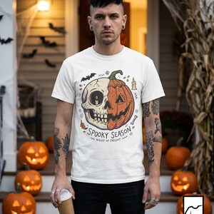 Spooky Season Halloween Shirt | Skull Pumpkin T Shirt | Retro Horror Graphic Tee | Creepy Fall Outfit | Gothic Autumn Wear | Unisex Gift