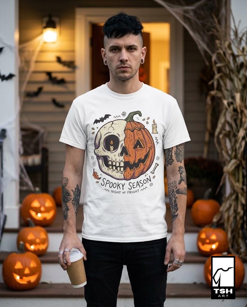 Spooky Season Halloween Shirt | Skull Pumpkin T Shirt | Retro Horror Graphic Tee | Creepy Fall Outfit | Gothic Autumn Wear | Unisex Gift