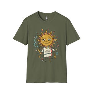 Maglietta High Sun / Maglietta grafica psichedelica celeste da stoner, vibrazioni cosmiche rilassanti in stile retrò anni '70. Military Green