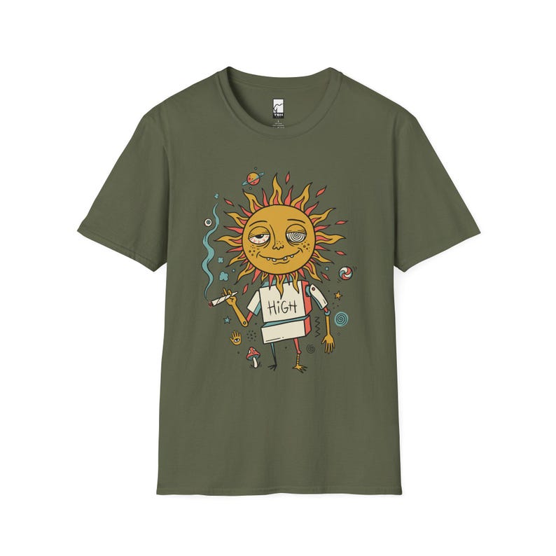 Maglietta High Sun / Maglietta grafica psichedelica celeste da stoner, vibrazioni cosmiche rilassanti in stile retrò anni '70. Military Green