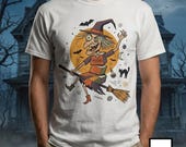 Unisex Witch T-Shirt | Retro Halloween Print | Flying Broomstick Graphic Tee | Vintage Witch T-Shirt