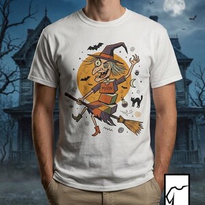 Unisex Witch T-Shirt | Retro Halloween Print | Flying Broomstick Graphic Tee | Vintage Witch T-Shirt