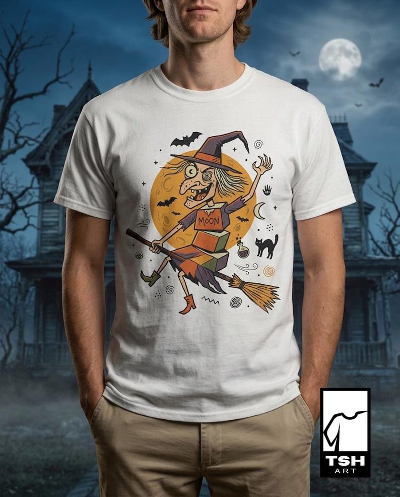 Unisex Witch T-Shirt | Retro Halloween Print | Flying Broomstick Graphic Tee | Vintage Witch T-Shirt