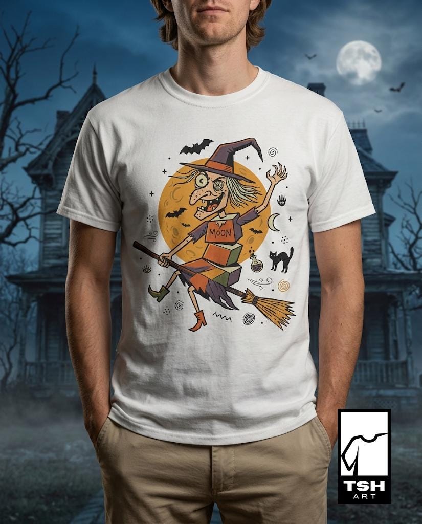 Unisex Witch T-Shirt | Retro Halloween Print | Flying Broomstick Graphic Tee | Vintage Witch T-Shirt