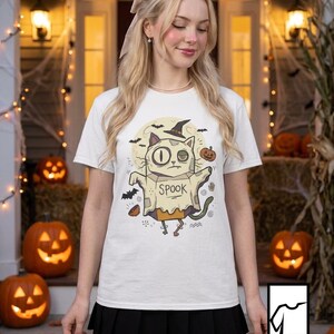 Halloween Cat Ghost Shirt | Funny Witch Cat Tee | Spooky Season Graphic T Shirt | Trick or Treat Costume Top | Cat Mom Gift | Fall Tee