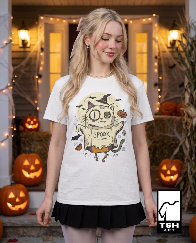Halloween Cat Ghost Shirt | Funny Witch Cat Tee | Spooky Season Graphic T Shirt | Trick or Treat Costume Top | Cat Mom Gift | Fall Tee