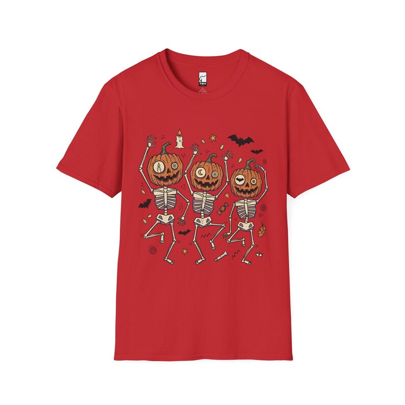 踊るカボチャの骸骨Tシャツ｜ハロウィン ジャック・オー・ランタン Red