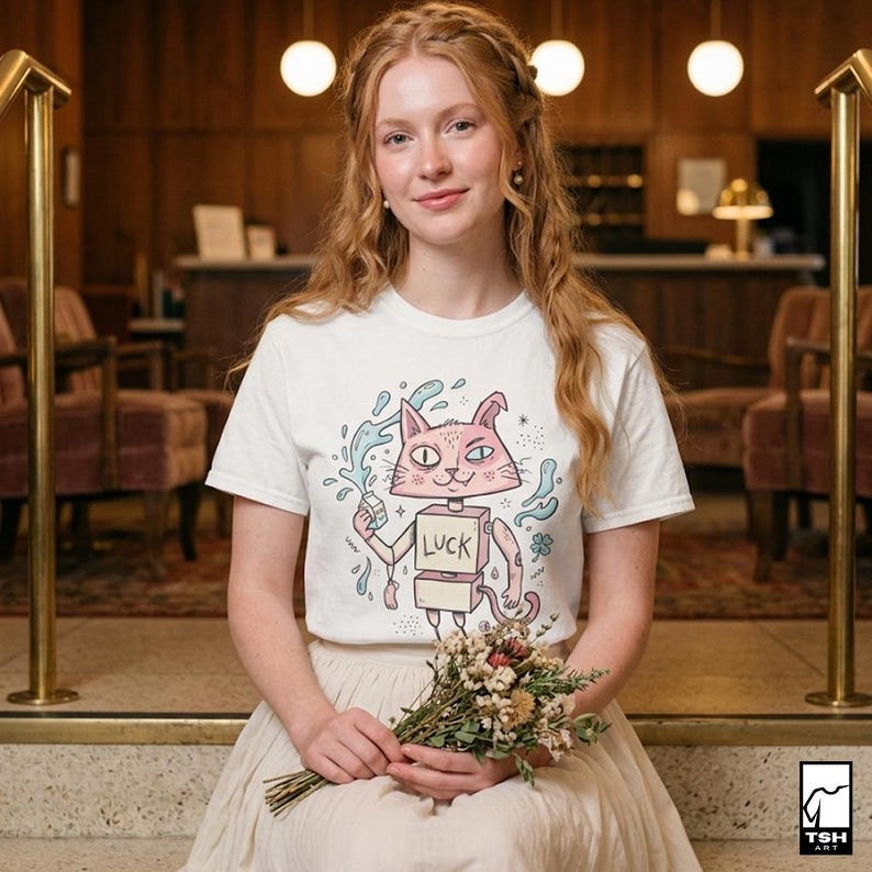 Pu&ograve; includere: T-shirt bianca con un disegno di gatto dei cartoni animati. Il gatto rosa ha dettagli blu e la parola "LUCK" sul corpo. Tiene in mano un oggetto con schizzi d'acqua intorno. La persona che indossa la maglietta tiene in mano un mazzo di fiori secchi.