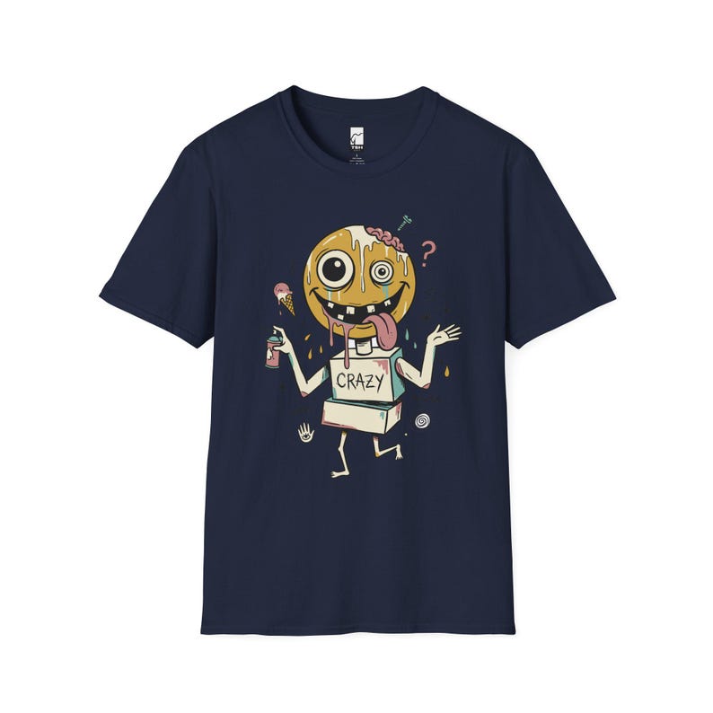 Crazy Drip Smiley T-Shirt | Weirdcore Streetwear Graphic Tee, Y2K Grunge Unisex Shirt Navy