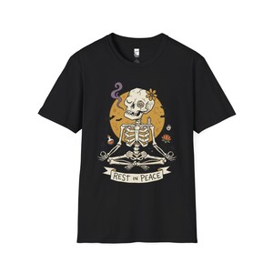Skeleton Halloween Shirt | Rest In Peace Skull Tee | Full Moon Bat Graphic Tee | Yoga Meditation T Shirt | Vintage Spooky Tee | Unisex Gift Black