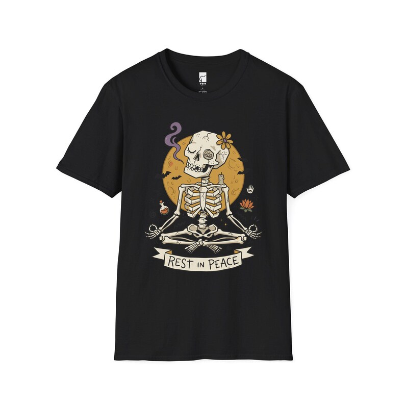 Skeleton Halloween Shirt | Rest In Peace Skull Tee | Full Moon Bat Graphic Tee | Yoga Meditation T Shirt | Vintage Spooky Tee | Unisex Gift Black