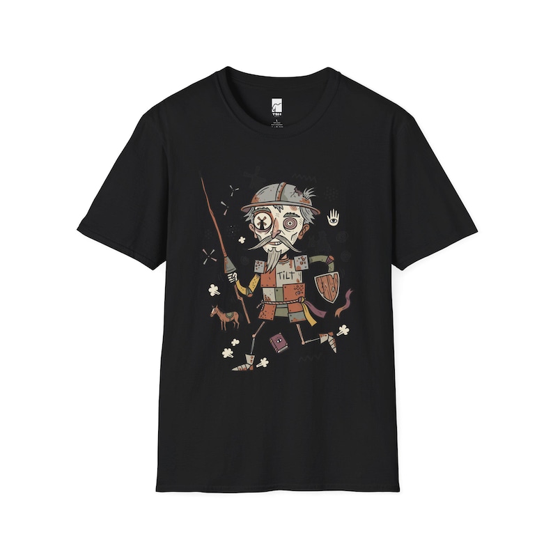 May include: A black short-sleeve t-shirt featuring a graphic illustration of a knight in patchwork armor holding a long spear and a shield. The knight has a monocle, a goatee, and the word TILT printed on the chest plate, with a small horse nearby.