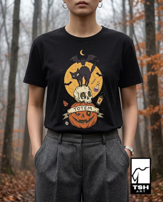 Halloween Black Cat Shirt | Skull Pumpkin Graphic Tee | Gothic Tattoo Flash T Shirt | Spooky Season Cat Lover Gift | Dark Academia Fall Top
