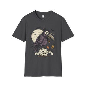 Halloween Raven Skull Shirt | Gothic Crow Graphic Tee | Full Moon T Shirt | Dark Academia Tattoo Flash Top | Spooky Season Fall Gift Tee Dark Heather